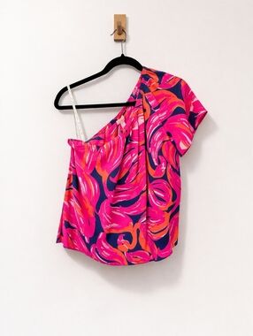 Lilly Pulitzer Silk One Shoulder Top Small Pink Orange Tropical Print Asymmetric